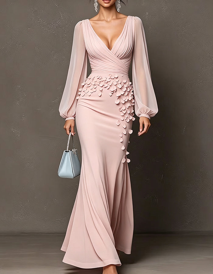 Abito lungo in chiffon con profondo scollo a V, maniche a sbuffo trasparenti e petali 3D
