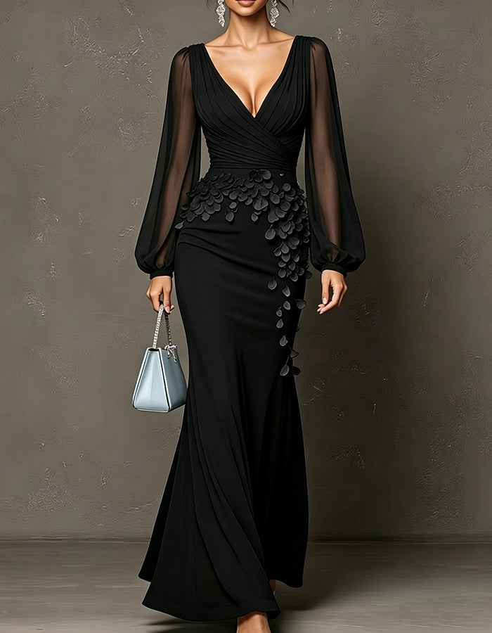 Abito lungo in chiffon con profondo scollo a V, maniche a sbuffo trasparenti e petali 3D