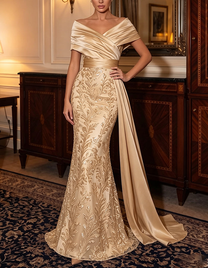 Champagnerfarbenes Satin-Maxikleid mit schulterfreiem Schnitt, Pailletten und Stickerei
