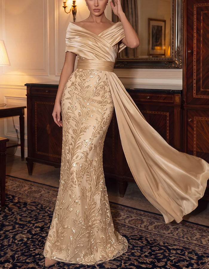 Champagnerfarbenes Satin-Maxikleid mit schulterfreiem Schnitt, Pailletten und Stickerei