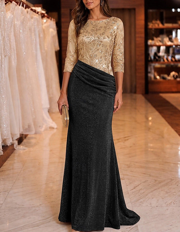 Vestido comprido maxi com decote barco, mangas a três quartos, lantejoulas e renda