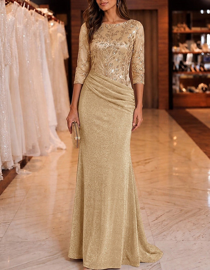 Vestido comprido maxi com decote barco, mangas a três quartos, lantejoulas e renda