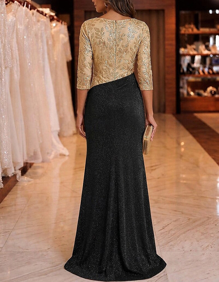 Vestido comprido maxi com decote barco, mangas a três quartos, lantejoulas e renda
