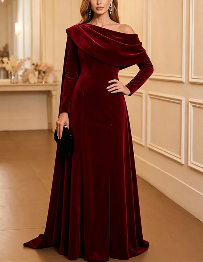 Burgundy Velvet Off‑Shoulder Draped Collar Long Sleeve Maxi Dress