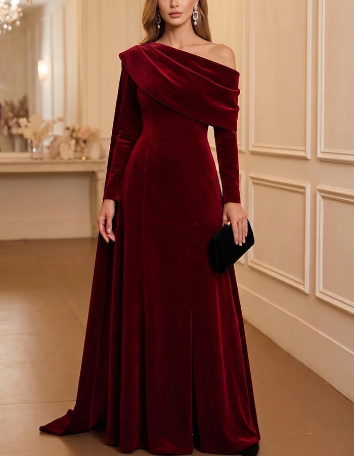 Burgundy Velvet Off‑Shoulder Draped Collar Long Sleeve Maxi Dress