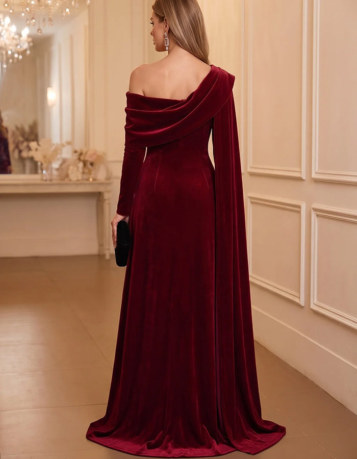 Burgundy Velvet Off‑Shoulder Draped Collar Long Sleeve Maxi Dress
