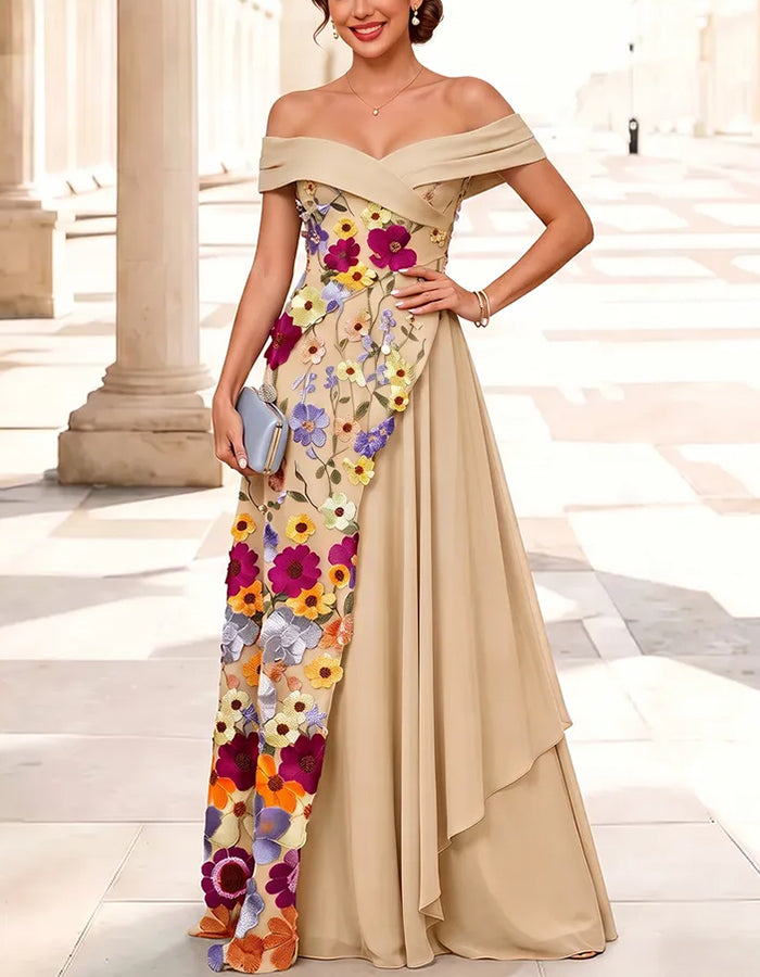 Robe longue champagne en mousseline, épaules dénudées, ornée de fleurs colorées en 3D