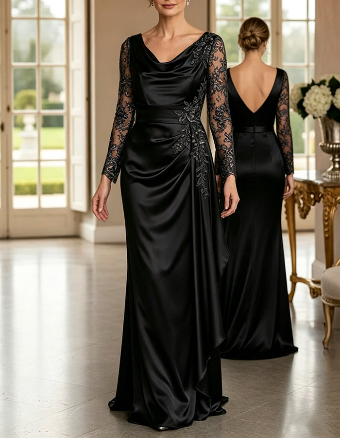 Robe longue maxi trapèze en satin drapé bleu poussiéreux, col bénitier et manches longues transparentes en dentelle