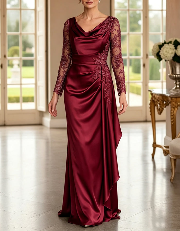 Robe longue maxi trapèze en satin drapé bleu poussiéreux, col bénitier et manches longues transparentes en dentelle