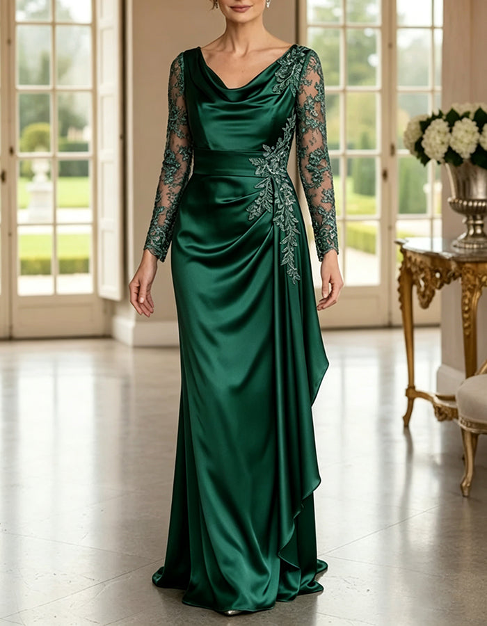 Robe longue maxi trapèze en satin drapé bleu poussiéreux, col bénitier et manches longues transparentes en dentelle
