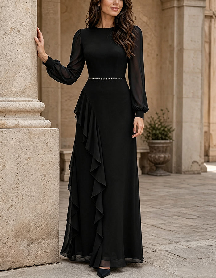 Vestido comprido em chiffon, com decote redondo, mangas compridas transparentes e folho em cascata