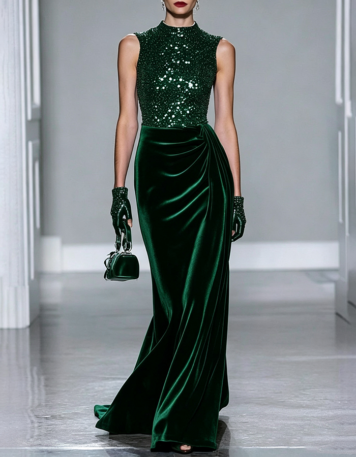 Vestido largo de sirena de terciopelo drapeado, con cuello alto, sin mangas y corpiño de lentejuelas y cuentas color burdeos