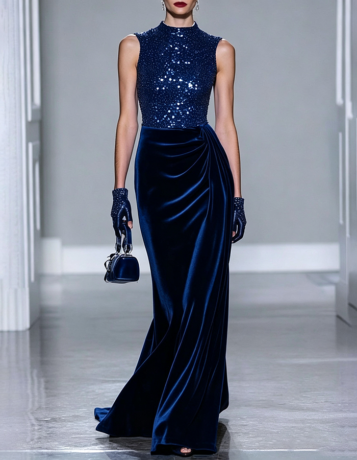 Vestido largo de sirena de terciopelo drapeado, con cuello alto, sin mangas y corpiño de lentejuelas y cuentas color burdeos