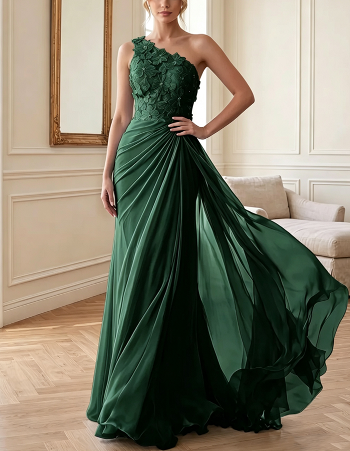 Maxi-jurk van chiffon met één schouder en 3D-bloemenkant