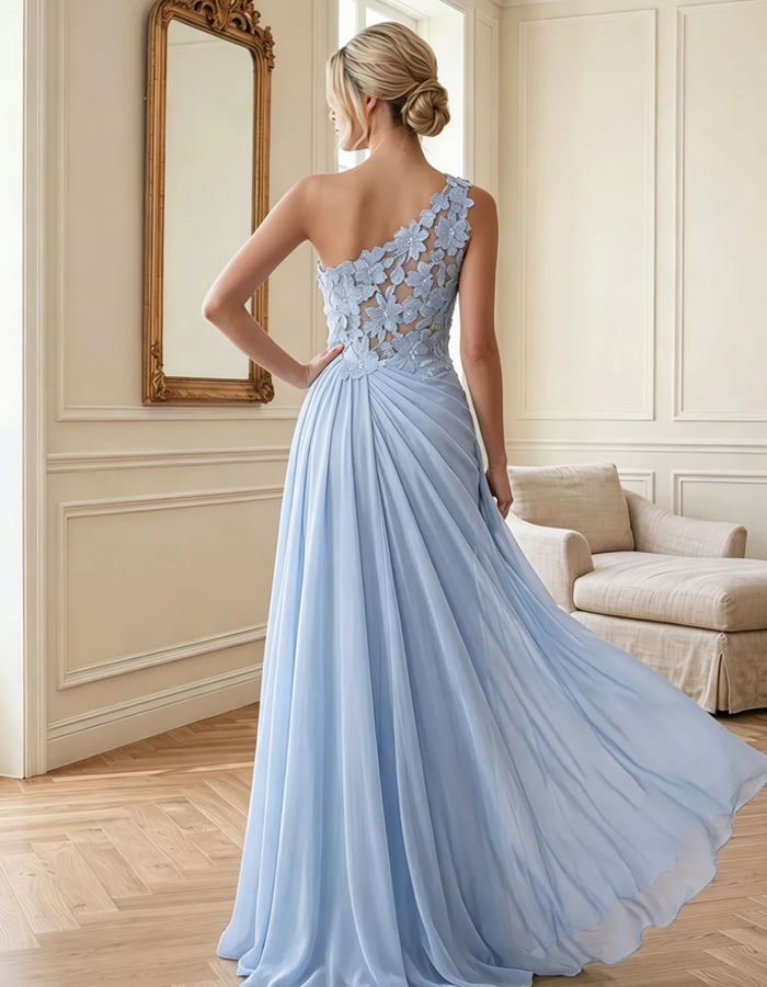Maxi-jurk van chiffon met één schouder en 3D-bloemenkant