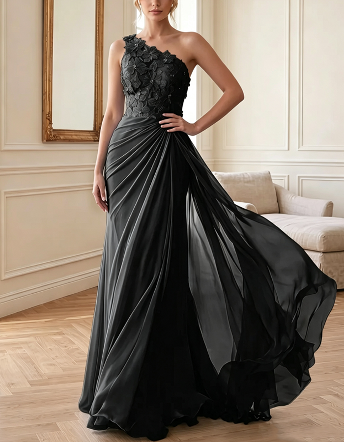 Maxi-jurk van chiffon met één schouder en 3D-bloemenkant