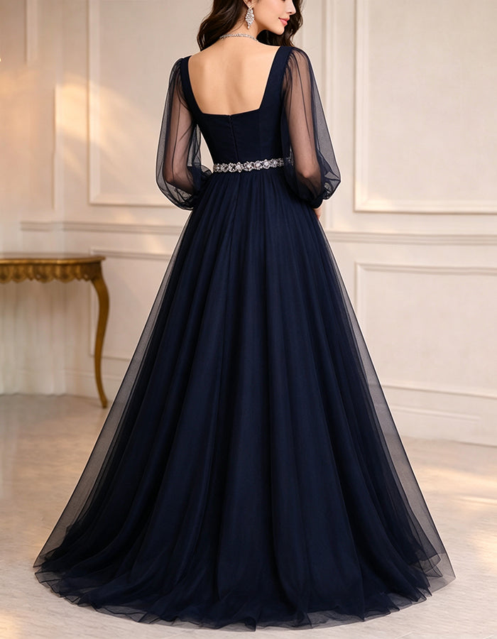 Robe longue maxi trapèze en tulle bleu marine, à encolure carrée, manches longues bouffantes et taille perlée