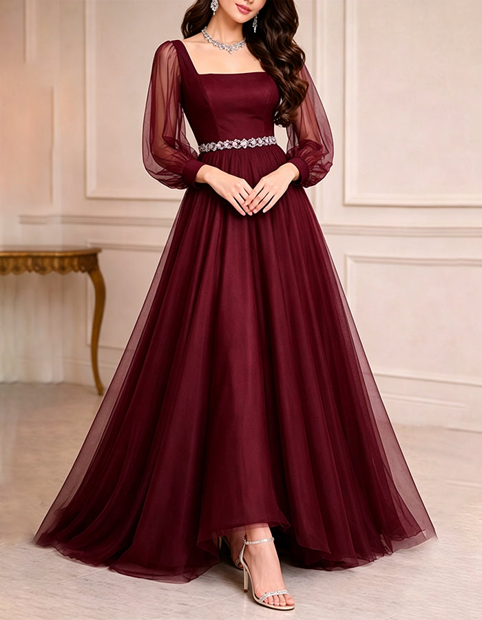 Robe longue maxi trapèze en tulle bleu marine, à encolure carrée, manches longues bouffantes et taille perlée
