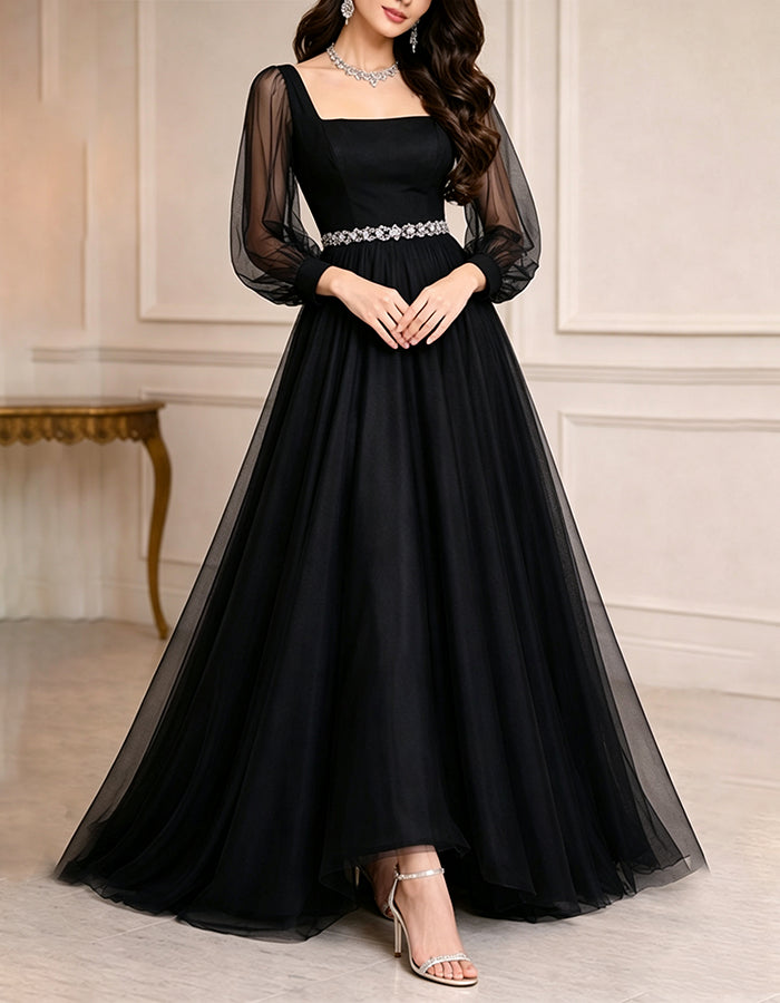 Robe longue maxi trapèze en tulle bleu marine, à encolure carrée, manches longues bouffantes et taille perlée