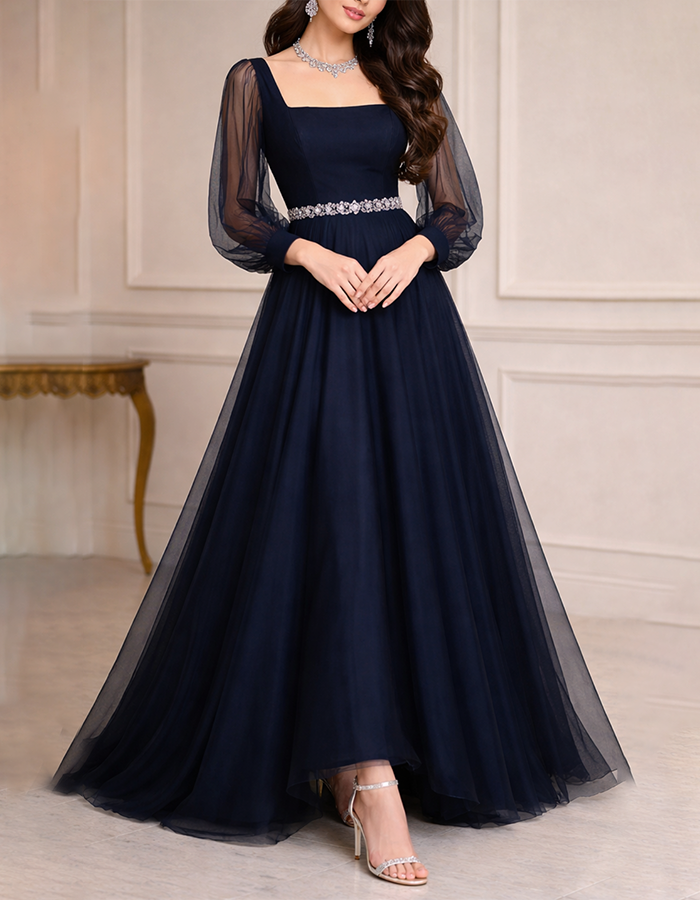 Robe longue maxi trapèze en tulle bleu marine, à encolure carrée, manches longues bouffantes et taille perlée