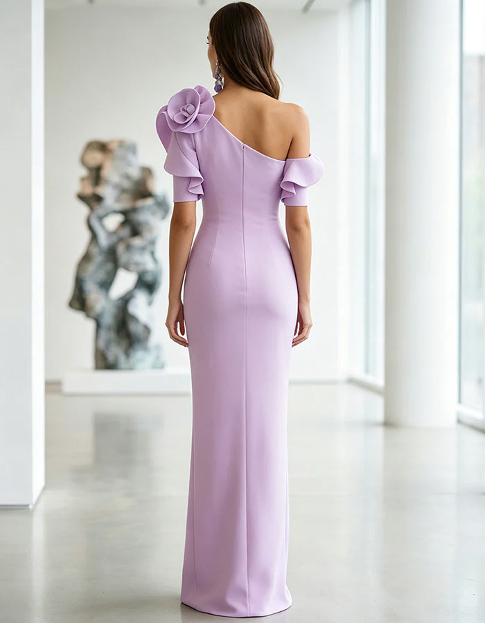Lavendelkleurige maxi-jurk met één blote schouder, koudschouder-korte mouw en 3D-bloem