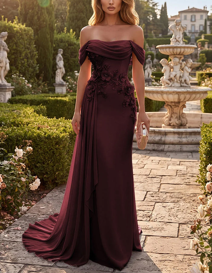 Chiffon maxi-zeemeerminjurk met drapering, blote schouders en 3D-bloem