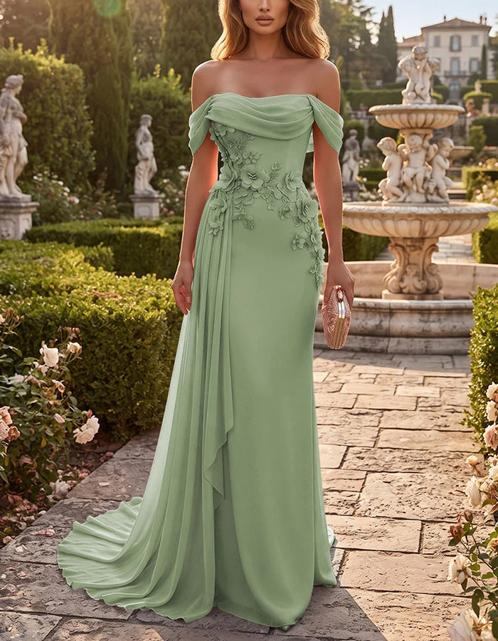 Chiffon maxi-zeemeerminjurk met drapering, blote schouders en 3D-bloem