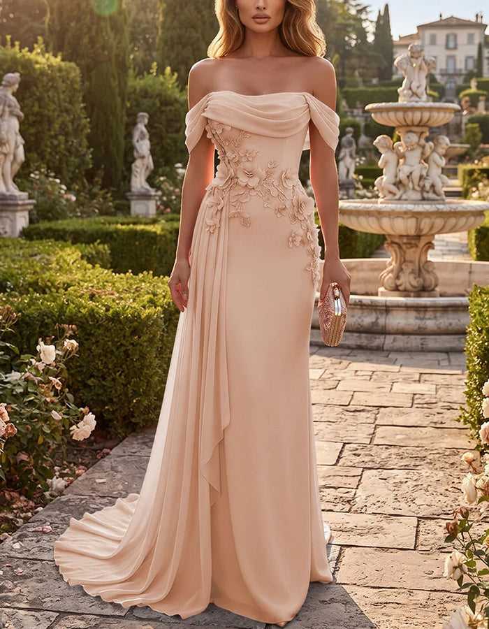 Chiffon maxi-zeemeerminjurk met drapering, blote schouders en 3D-bloem