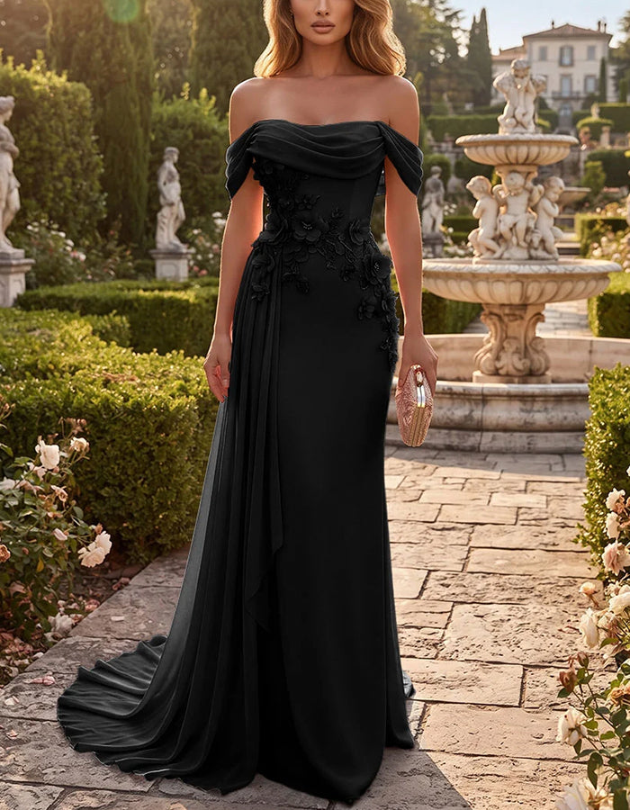 Chiffon maxi-zeemeerminjurk met drapering, blote schouders en 3D-bloem
