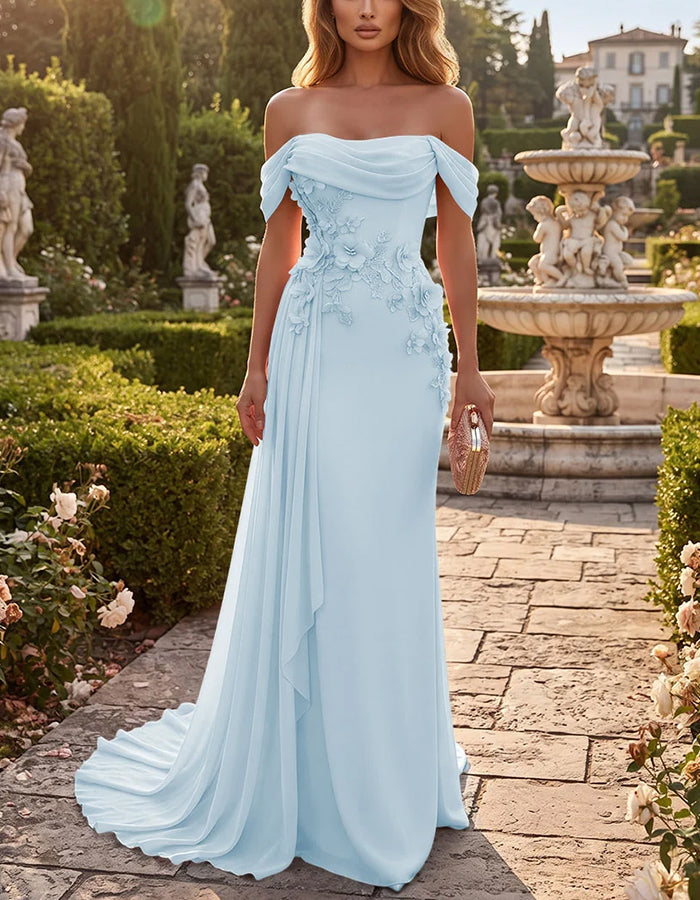 Chiffon maxi-zeemeerminjurk met drapering, blote schouders en 3D-bloem