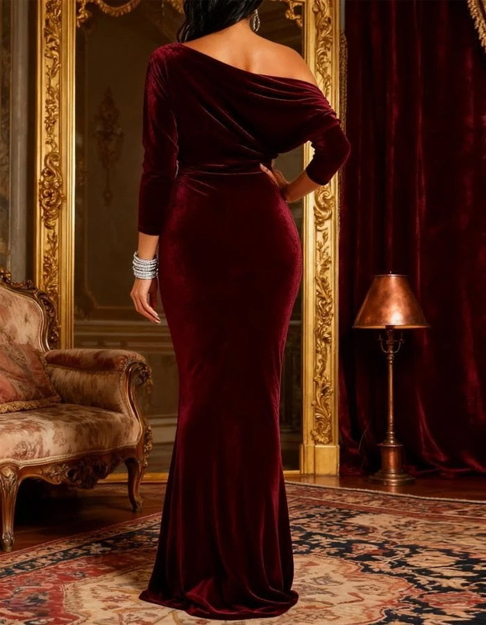 Solid Color Velvet One Shoulder Maxi Dress