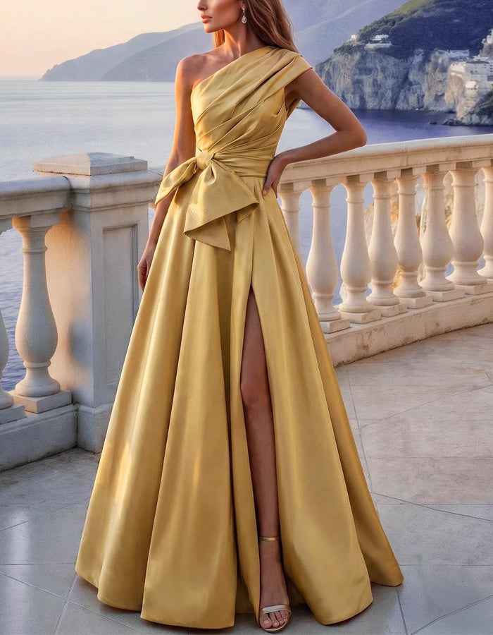 Einfarbiges Satin-Maxikleid mit One-Shoulder-Träger und Drapierung