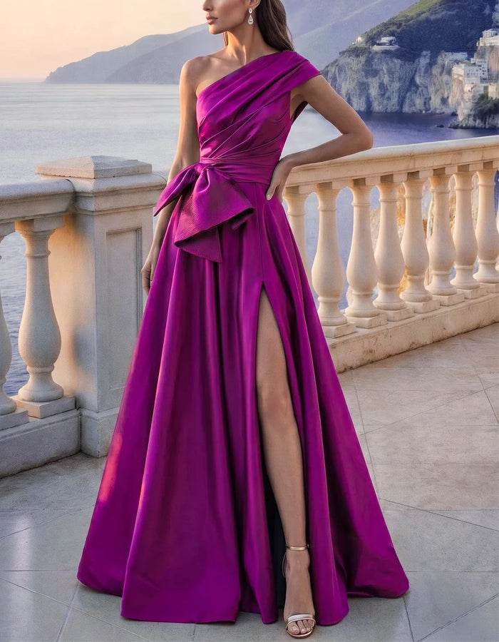 Vestido largo de satén de color liso, de un solo hombro y con drapeado