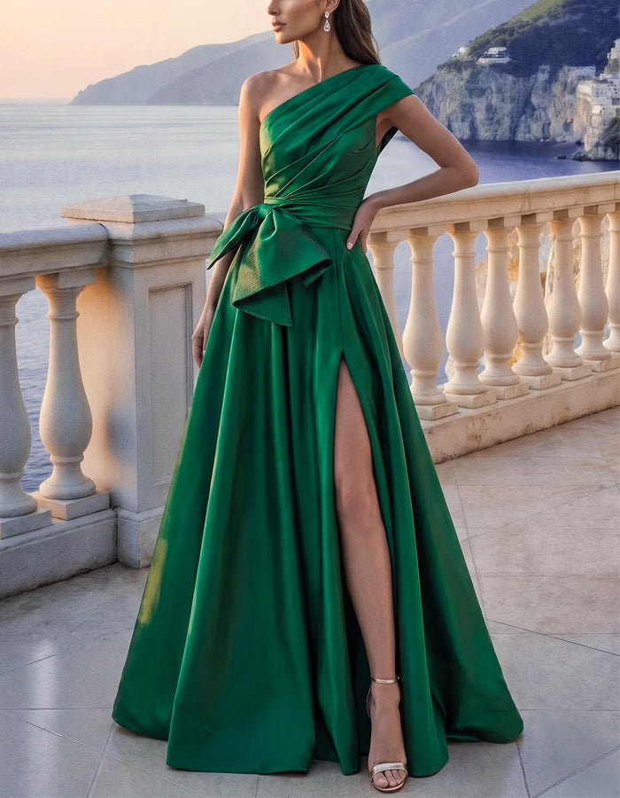 Vestido largo de satén de color liso, de un solo hombro y con drapeado