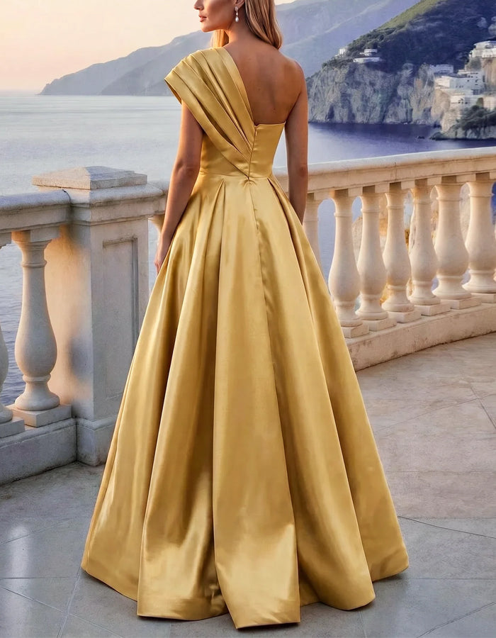Einfarbiges Satin-Maxikleid mit One-Shoulder-Träger und Drapierung