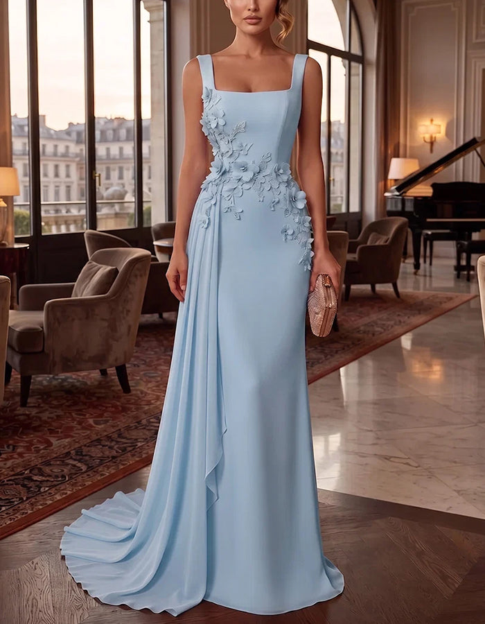 Ärmelloses Chiffon-Maxikleid mit quadratischem Ausschnitt und 3D-Blumen
