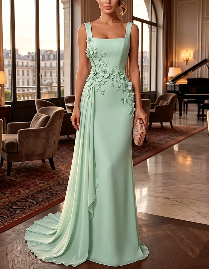 Ärmelloses Chiffon-Maxikleid mit quadratischem Ausschnitt und 3D-Blumen
