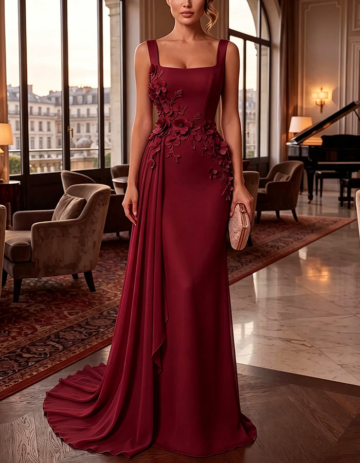 Ärmelloses Chiffon-Maxikleid mit quadratischem Ausschnitt und 3D-Blumen