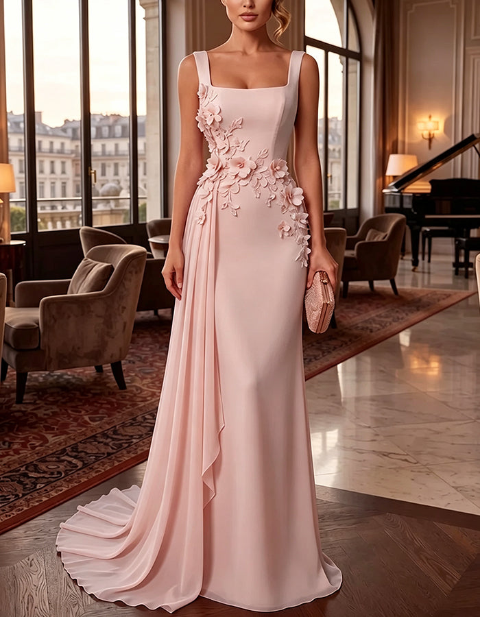 Ärmelloses Chiffon-Maxikleid mit quadratischem Ausschnitt und 3D-Blumen