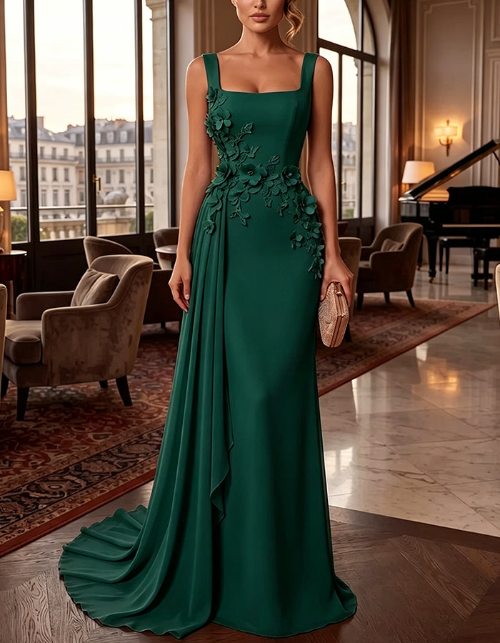 Ärmelloses Chiffon-Maxikleid mit quadratischem Ausschnitt und 3D-Blumen