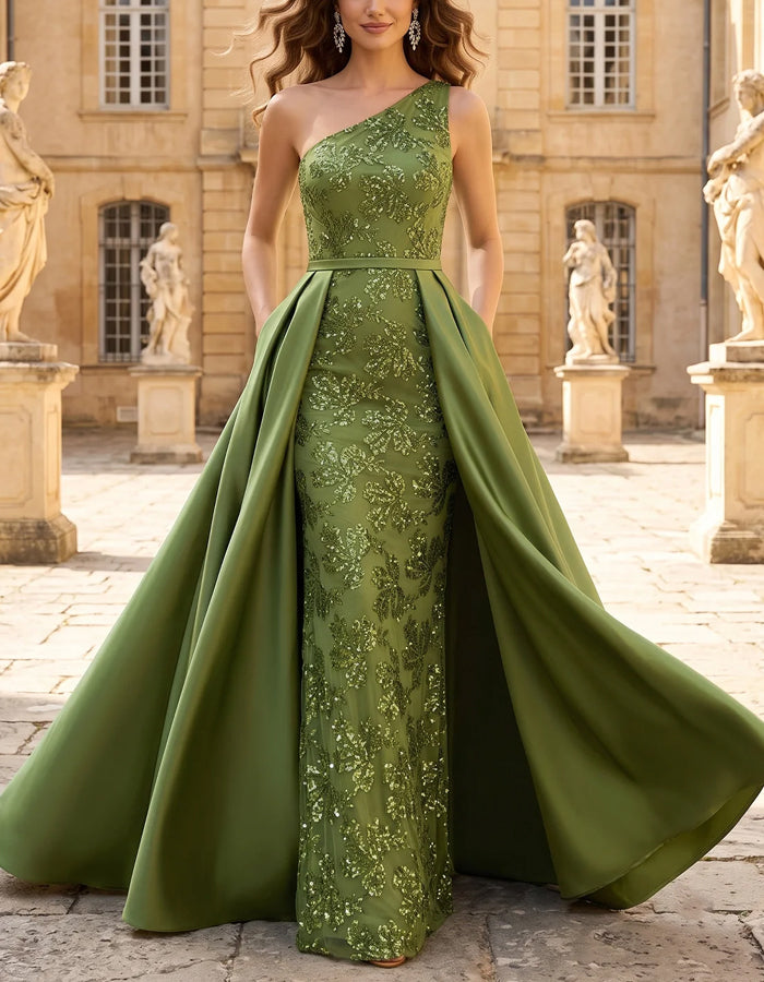 Grünes, mit Pailletten besetztes Satin-Maxikleid mit einer Schulter
