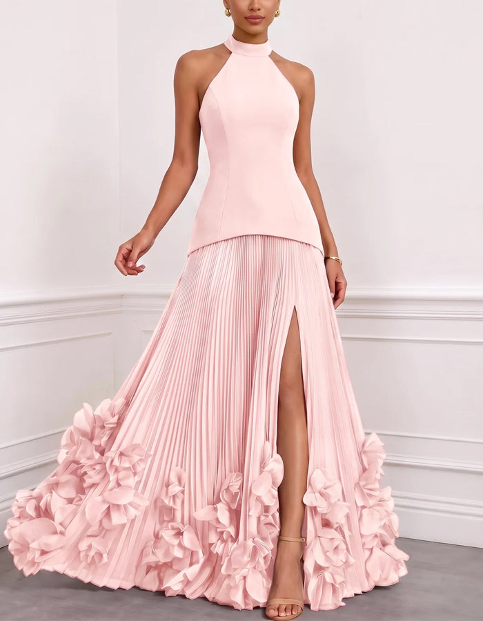 Vestido largo con cuello halter y espalda descubierta de color liso