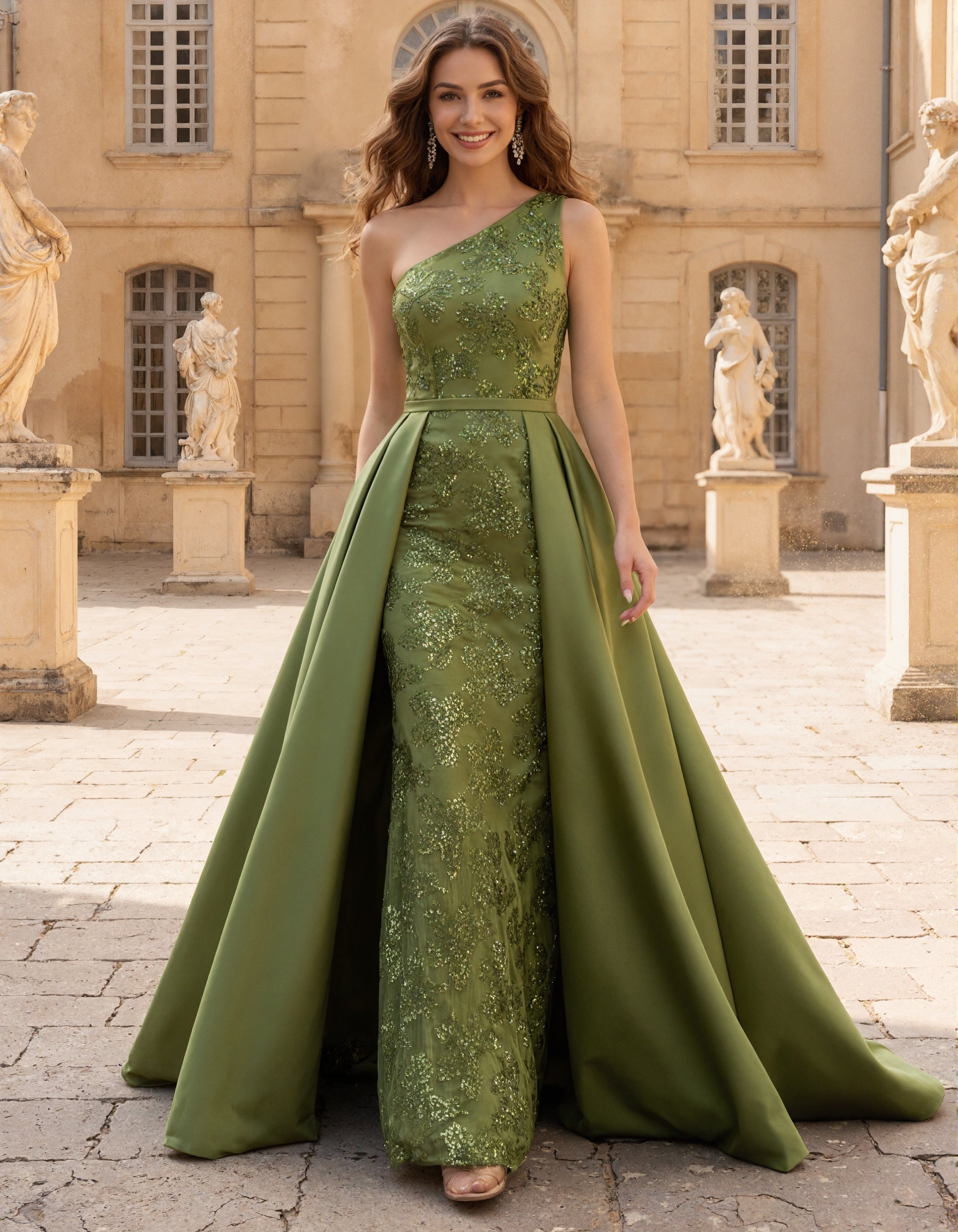 Vestido largo de satén verde con lentejuelas y un solo hombro