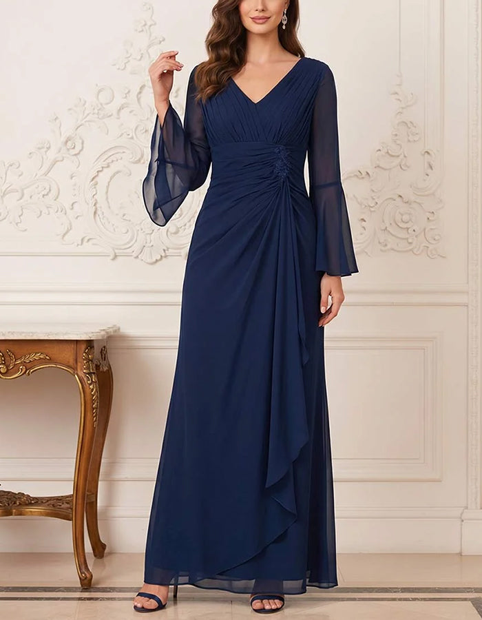 Robe longue en mousseline à col en V, manches longues évasées et volants fluides