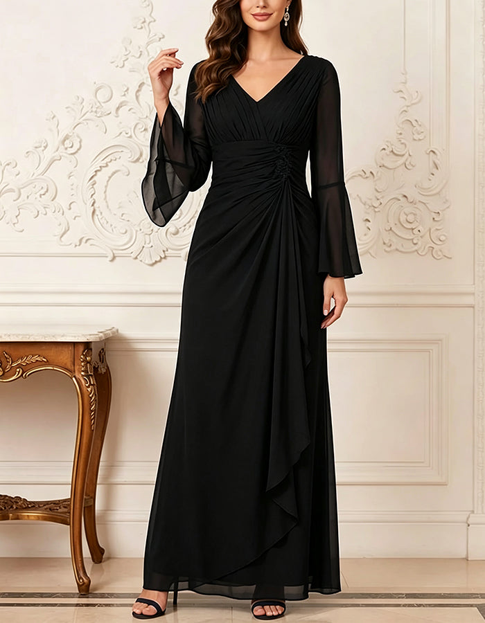 Robe longue en mousseline à col en V, manches longues évasées et volants fluides