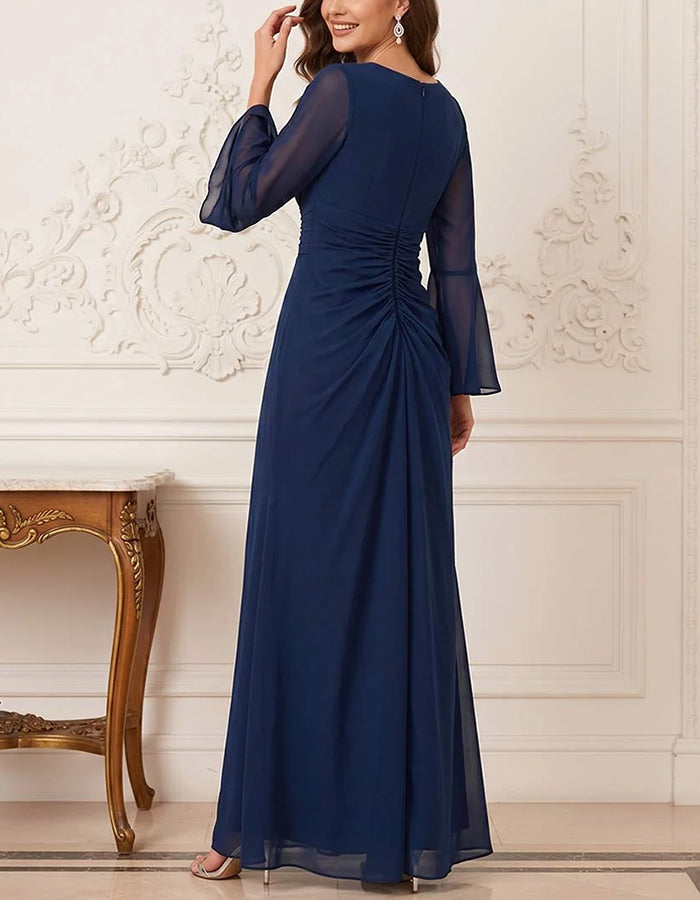 Robe longue en mousseline à col en V, manches longues évasées et volants fluides