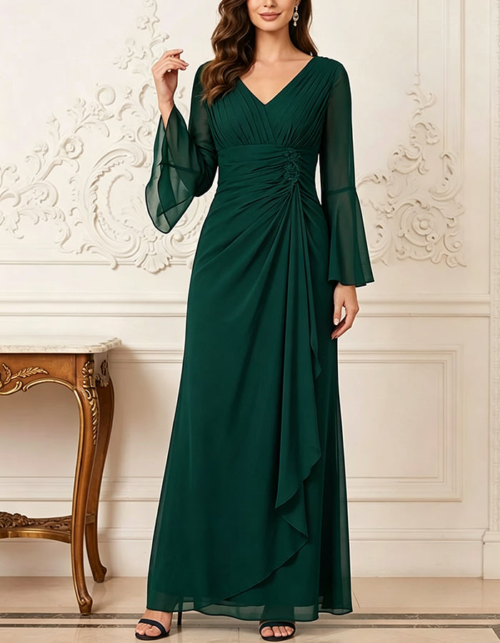 Robe longue en mousseline à col en V, manches longues évasées et volants fluides