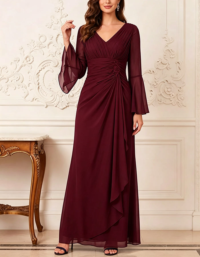 Robe longue en mousseline à col en V, manches longues évasées et volants fluides