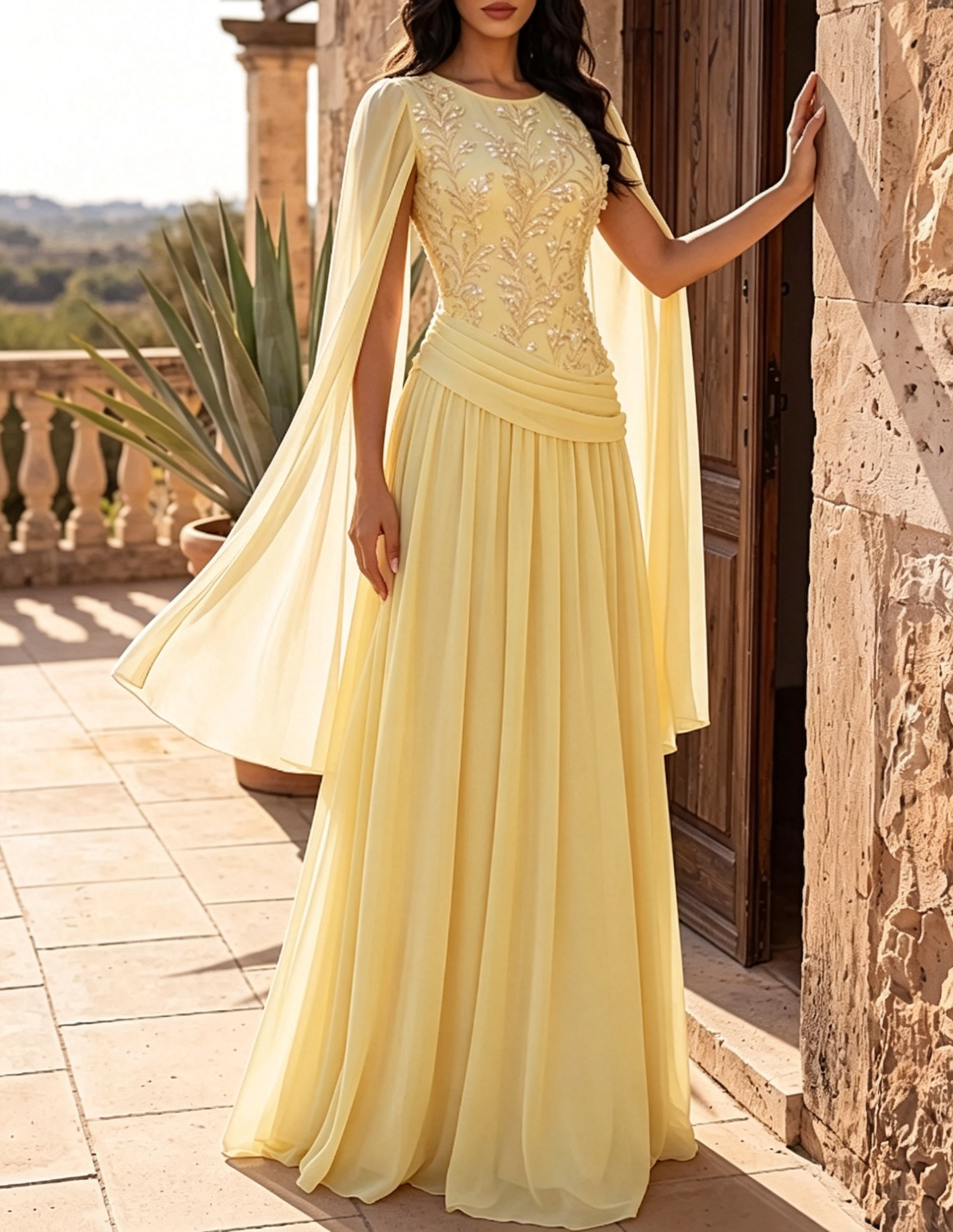 Chiffon-Maxikleid in A-Linie mit Rundhalsausschnitt, Cape-Ärmeln, Spitzenstickerei und geraffter Taille