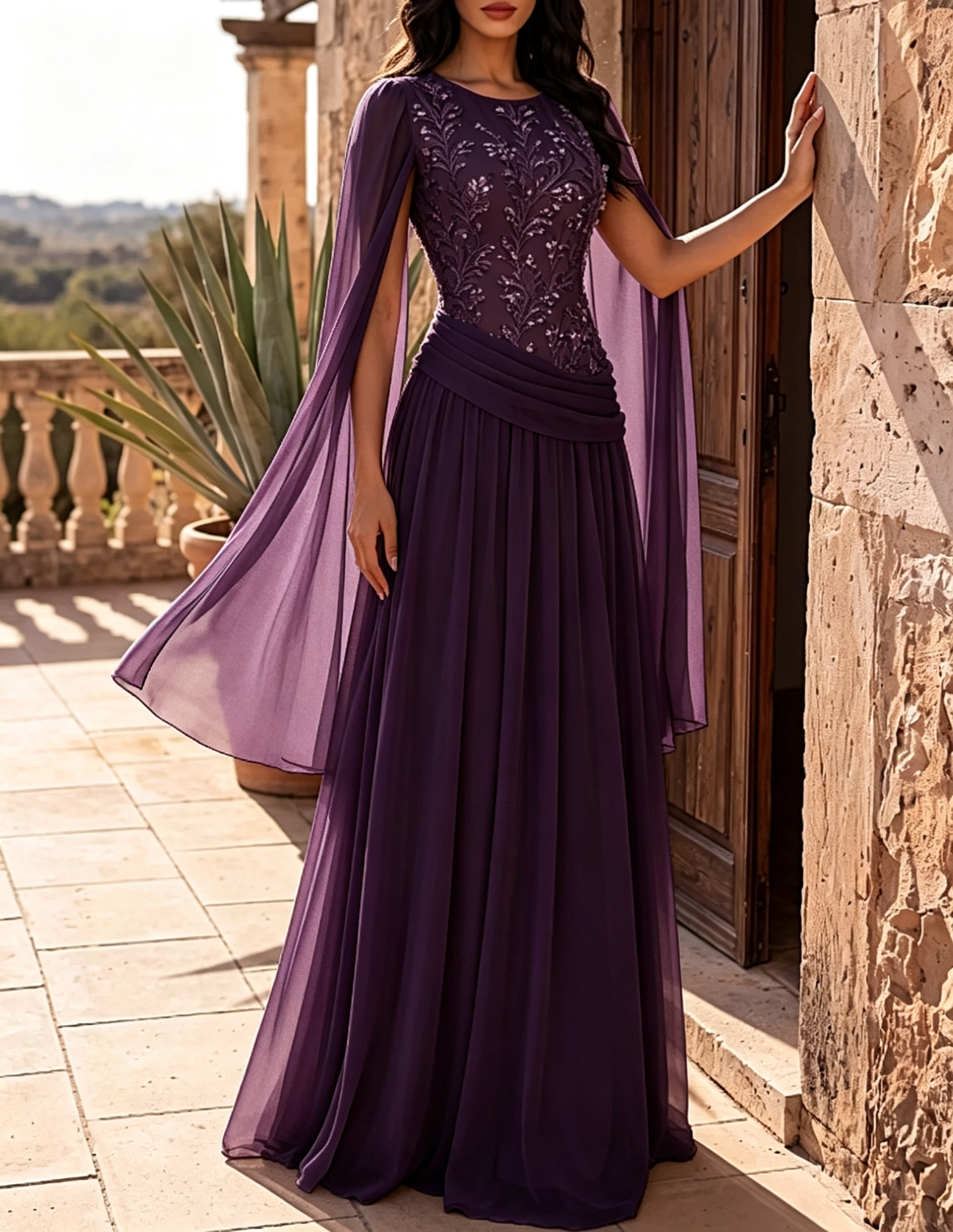 Vestido largo de línea A con cuello redondo, mangas capa de gasa, bordado de encaje y cintura fruncida
